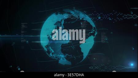 Displaying teal-cyan dotted globe rotating in dark digital dashboard, with cloud and padlock icons Stock Photo