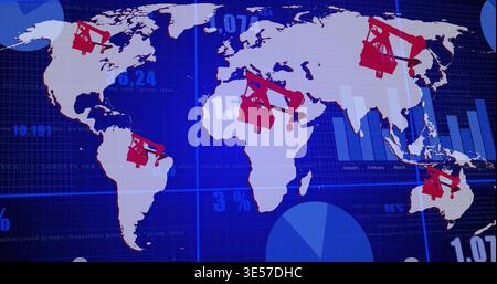 Realtime data feed updating global map, showing red oil pumpjacks, visualizing energy indicators Stock Photo