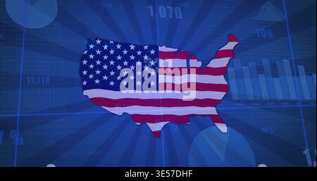 Displaying stylized United States silhouette with stars and stripes on infographic, showing charts Stock Photo