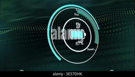 Displaying circular battery gauge with central battery icon, showing 87% on HUD, Eco Power text Stock Photo