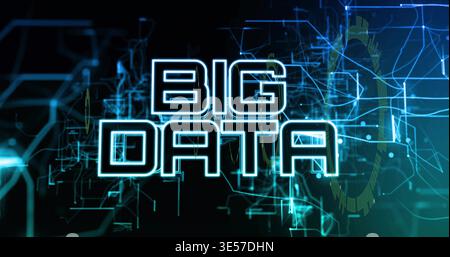 Displaying centered neon BIG DATA on holo interface showing circuits nodes grid gear particles Stock Photo