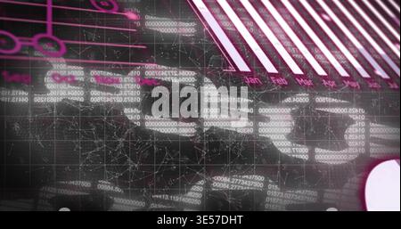 Displaying central data panel showing numeric streams, network graph, neon-pink bars at dashboard Stock Photo