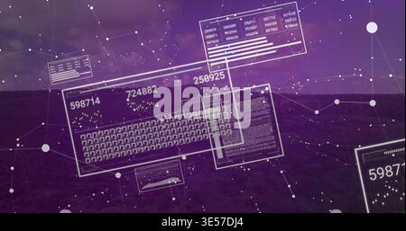Displaying translucent panels floating over dark hill plain, with keyboard, data windows and nodes Stock Photo