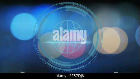 Displaying translucent circular cyan HUD centered over digital bokeh, showing globe-grid and rings Stock Photo