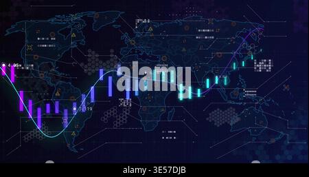 Displaying candlestick bars and glowing trend line on navy global map dashboard, with data points Stock Photo