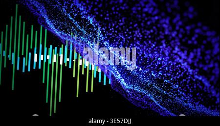 Glowing abstract equalizer bars pulsing across digital studio, with blue purple particle cloud Stock Photo