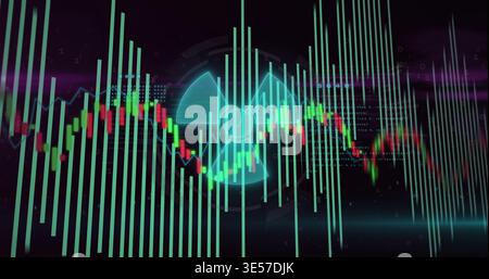 Glowing tri-blade symbol pulsing in virtual HUD, with mint bars and candlestick chart Stock Photo