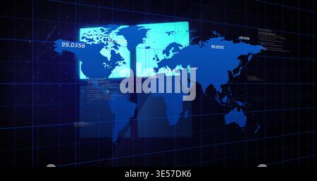 Displaying digital map on virtual display, showing bright backlight panel, grid, numeric labels Stock Photo