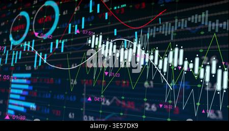 Displaying white candlestick chart with line graphs, blue volume bars and neon markers on dashboard Stock Photo
