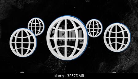 Floating central white 3D grid globe icon above black marble backdrop, with five globes Stock Photo