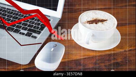 Resting white cup on saucer, wood table, laptop, mouse, grid, red-declining-graph, foam, copy space Stock Photo