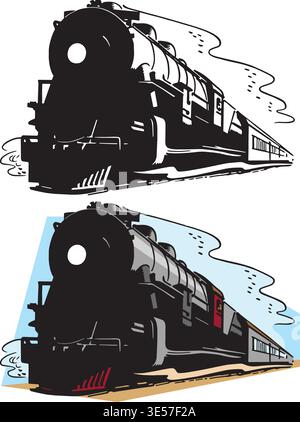 A vintage retro illustration of a steam engine train on train tracks. Stock Vector