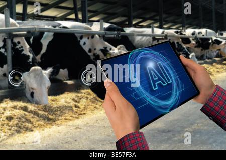Using Artificial Intelligence for data analysing and herd management. Smart farming concept. Stock Photo