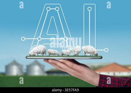 Farmer uses Artificial Intellingence for data analizing and herd management. Smart farming concept Stock Photo
