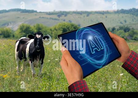 Using Artificial Intelligence for data analysing and herd management. Smart farming concept. Stock Photo