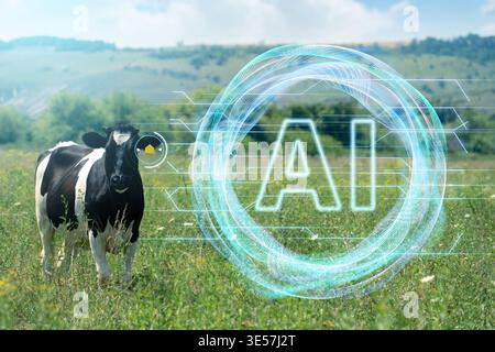 Using Artificial Intellingence for data analizing and herd management. Smart farming concept Stock Photo