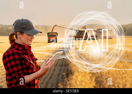 Farmer uses Artificial Intellingence for data analizing and remote control. Smart farming concept Stock Photo