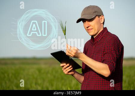Farmer uses Artificial Intellingence for data analizing. Smart farming concept Stock Photo