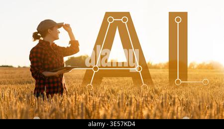 Farmer uses Artificial Intellingence for data analizing. Smart farming concept Stock Photo