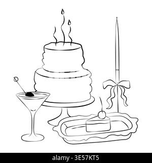 Hand-drawn birthday card template made of birthday cake, cocktail, candle and piece of cake in line art graphic style Stock Vector