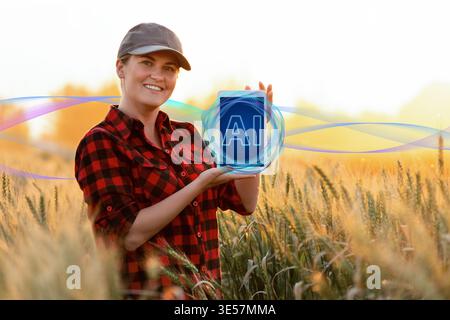 Farmer uses Artificial Intellingence for data analizing. Smart farming concept Stock Photo
