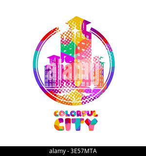 Colorful logo modern city skyline with skyscrapers in flat vector style on white background. Hand drawn Not AI, vector illustration. Stock Vector