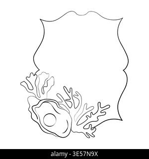 Hand-drawn frame template with sea treasures, shell, corals, pearl oyster graphic illustration for wedding decor, cards, menu Stock Vector