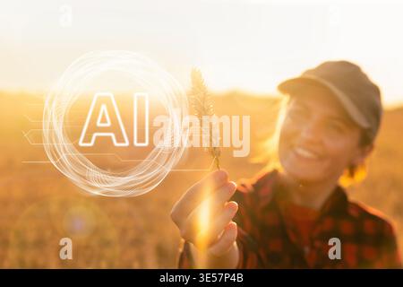 Farmer uses Artificial Intellingence for data analizing. Smart farming concept Stock Photo