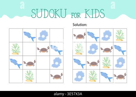 Sudoku educational game or leisure activity fish, crab, pearl, plant illustration worksheet kindergarten, pre-school, printable grid to fill in missing images, puzzle with its solution, teacher resources Stock Vector