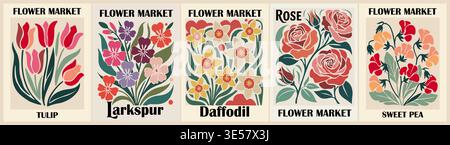 Set of Flower Market retro art posters Stock Vector