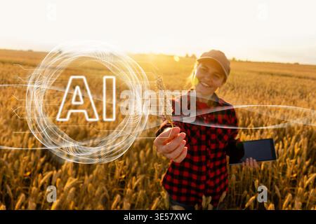 Farmer uses Artificial Intellingence for data analizing. Smart farming concept Stock Photo