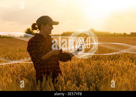 Farmer uses Artificial Intellingence for data analizing. Smart farming concept Stock Photo