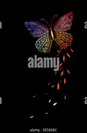 Beautiful colorful abstract butterfly on a black background . Hand drawn. Not AI, vector illustration. Stock Vector