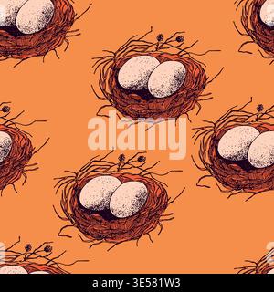 Spring seamless pattern with Bird nest with eggs. Easter hand drawn vector illustration, holiday design Stock Vector