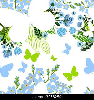 Seamless background with butterflies and blue flowers. Hand drawn. Not AI, vector illustration. Stock Vector