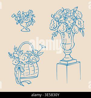 Floral arrangements set in doodle style. Hand drawn bouquets in vase and basket Stock Vector