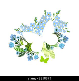 Abstract butterfly and forget-me-nots. print on a T-shirt. Hand drawn. Not AI, vector illustration. Stock Vector