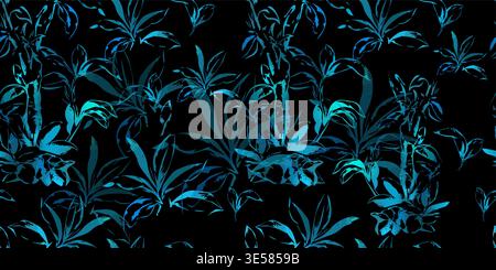 Seamless background of blue neon flowers on black. Hand drawn. Not AI, vector illustration. Stock Vector