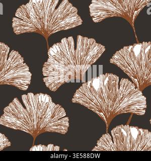 Seamless floral pattern with ginkgo biloba leaves. Art flowers on color background. Decorative sceleton leaf. Vector hand drawn illustration. Minimal Stock Vector