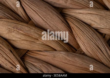 Detailed close-up of a beautifully woven water hyacinth basket, showcasing the intricate wicker texture and natural tones, perfect for home decor insp Stock Photo