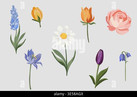 Vector collection of spring flowers including daisy, tulip, bluebell, and rose. Perfect for greeting cards, wedding invitations, and floral design. Stock Vector