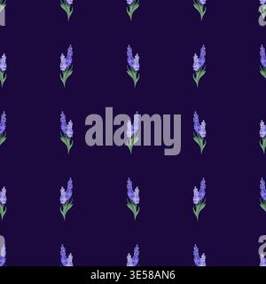 Seamless vector pattern with lavender spring flowers arranged in neat rows on dark purple background. Decorative geometric floral repeat for textile and print. Stock Vector