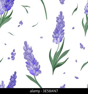 Delicate seamless vector pattern featuring hand drawn lavender blossoms and petals. Ideal for Provence style textiles, wallpaper, and eco packaging. Stock Vector