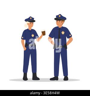 Two police officers talking on their break. Man and woman in blue police uniform. Woman holding takeaway coffee cup. Stock Vector