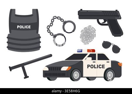 Police car with siren and equipment for officer protection. Flan Vector illustration for training materials.  Stock Vector
