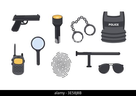 Police service inventory. Protective gear, weapons, communication devices. Illustration for infographics of law enforcement work. Stock Vector
