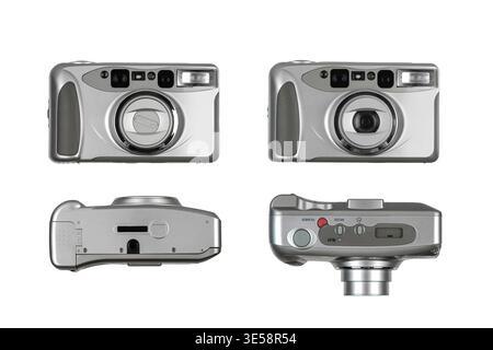 Silver vintage point-and-shoot film camera shown from four different angles on a white background. Stock Photo