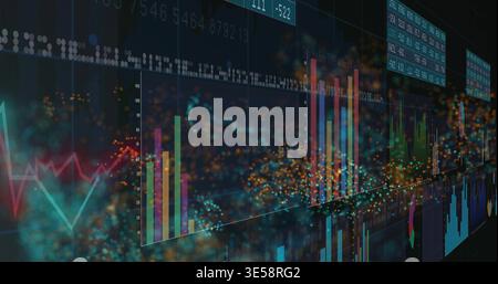 Displaying control room screen wall, showing bar charts, jagged line, tickers, particles Stock Photo