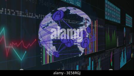 Displaying digital globe centered, showing linked node network across dark wide screen with charts Stock Photo