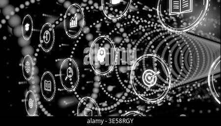 Data stream entering tunnel activating icon nodes, showing tech connectivity with dotted lines Stock Photo